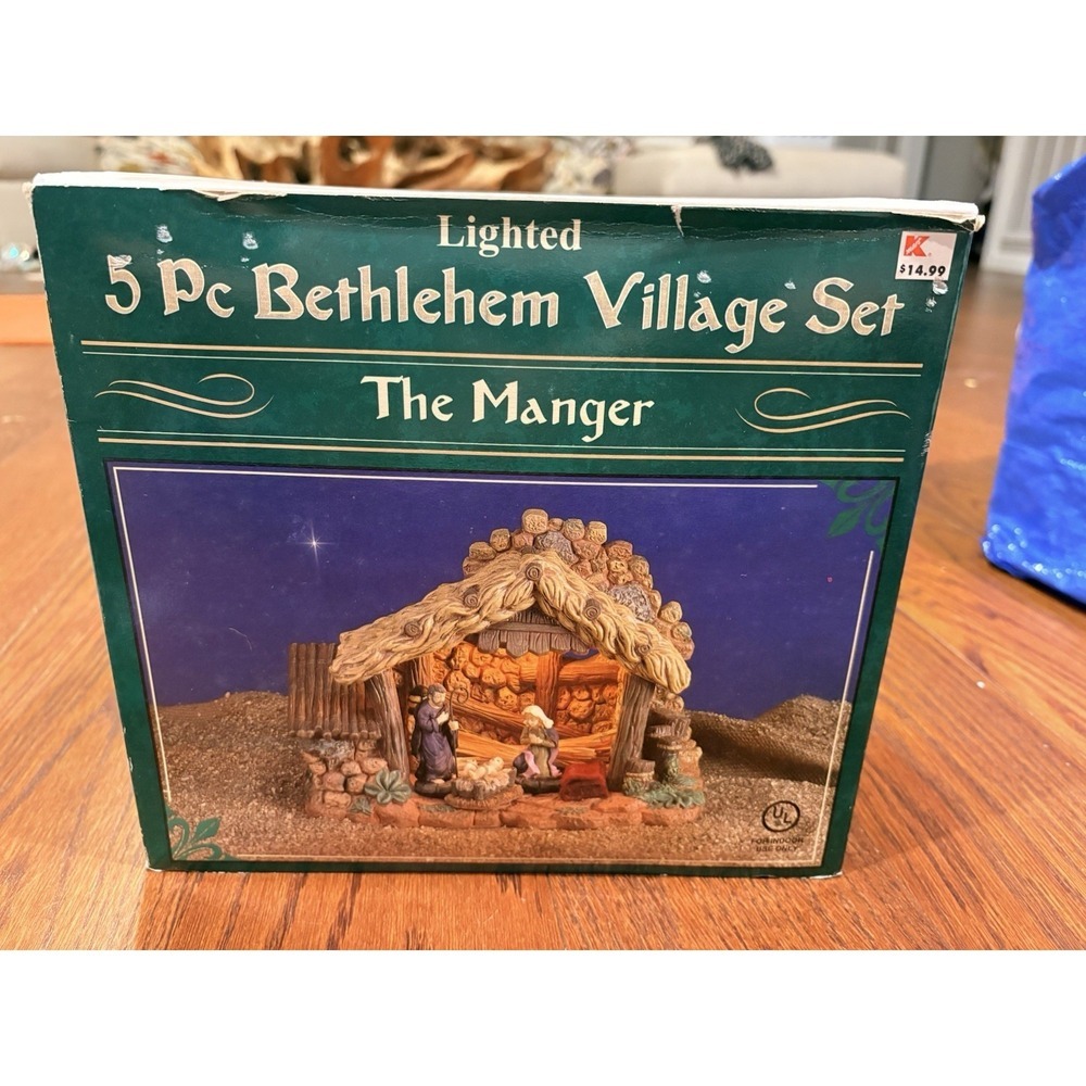 Vtg Kmart Christmas Lighted Manger 5 Pc Bethlehem Village Ceramic Nativity Read